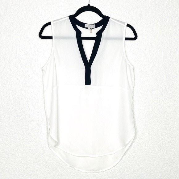 1. STATE White Sheer Sleeveless Blouse Top Black Collar V-Neck Detail Size Small - Picture 1 of 6